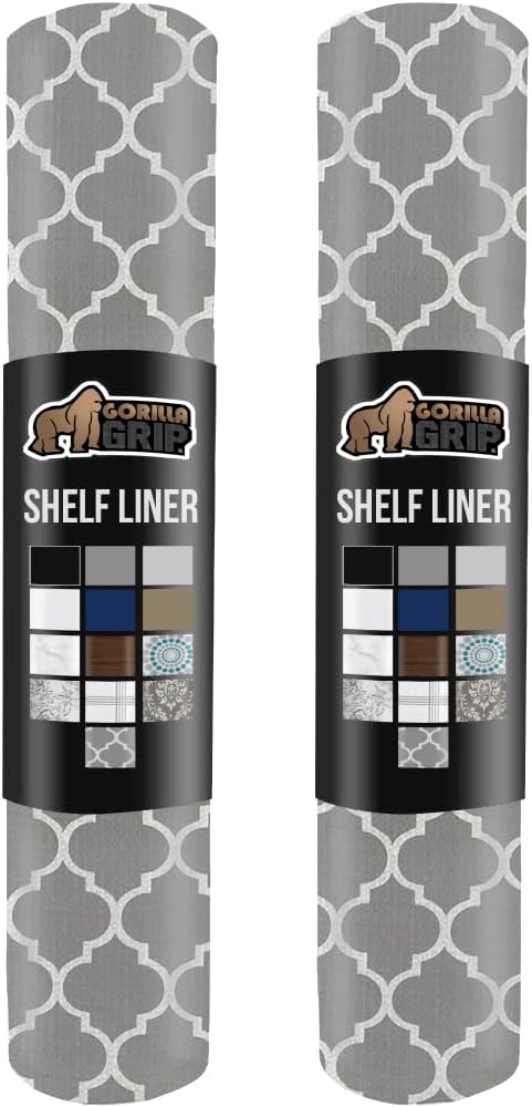 GORILLA GRIP Slip Resistant Drawer and Shelf Liner 2 Pack, Non Adhesive Water Resistant, Easy Clean and Trim, Smooth Surface Liners for Kitchen Cabinet Shelves Drawers Pantry 12 IN x 10 FT, White Gray