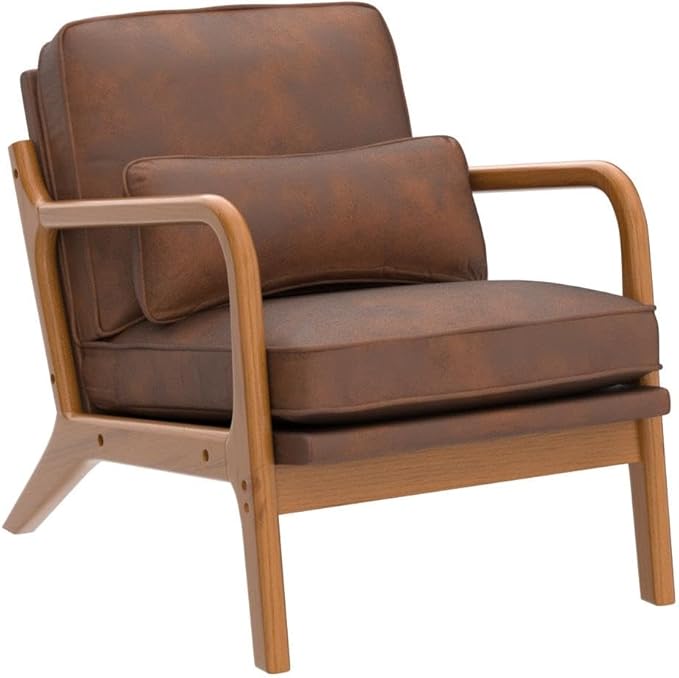 Karl home Accent Chair Mid-Century Modern Chair with Pillow Bronzing Cloth Upholstered Lounge Arm Chair with Solid Wood Frame & Soft Cushion for Living Room, Bedroom, Balcony, Brown