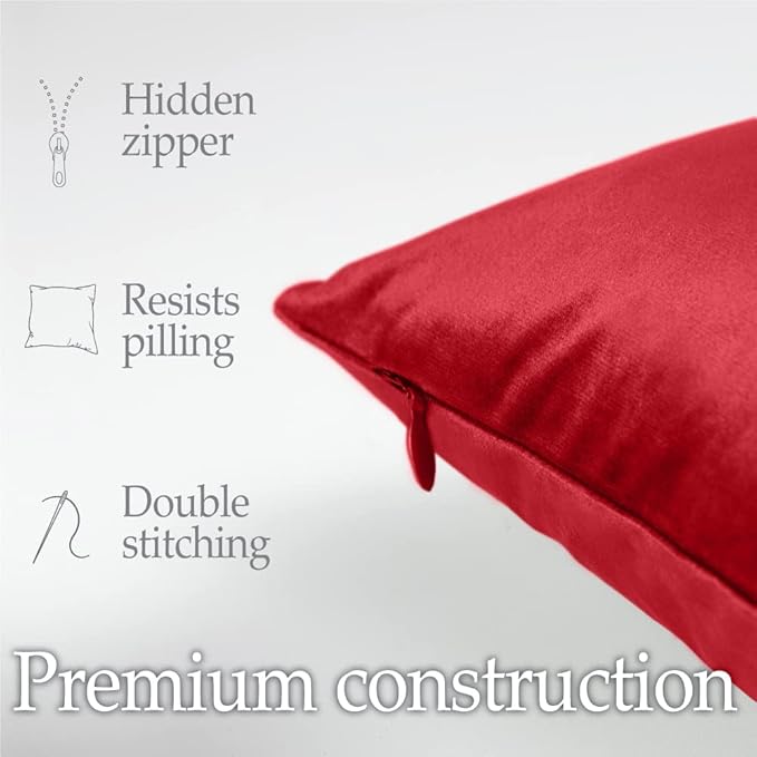 lalaLOOM Velvet Throw Pillow Covers, Set of 2, 18x18 Decorative Square Pillows Home Decor, Soft Accent Cases, Silky Machine Washable Pillowcases for Sofa, Couch, Bedroom, Living Room, Ruby Red