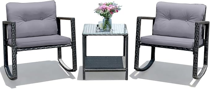 COSTWAY 3 Pieces Patio Rattan Rocking Chair Set, Outdoor Conversation Furniture Sets with Coffee Table, Storage Shelf and Cushions, Modern Bistro Set for Porch, Backyard, Garden, Gray