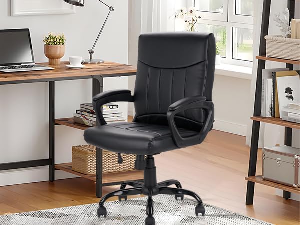 CLATINA Mid Back Leather Office Executive Chair with Lumbar Support and Padded Armrestes Swivel Adjustable Ergonomic Design for Home Computer Desk