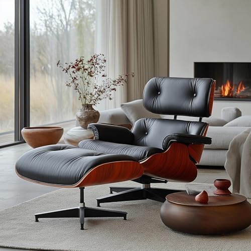 Top Black Grain Leather, Mid Century Chaise Lounge Chair and Ottoman, Modern Chair Classic Design, Red Rosewood, Heavy Duty Base Support for Living Room Study Lounge Office