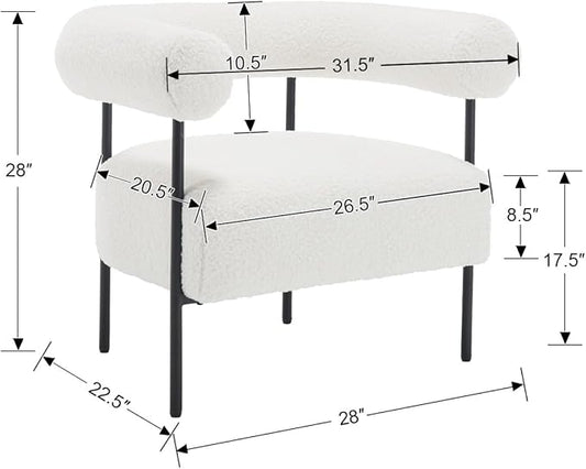 Boucle Modern Accent Chair with Curved Back, Small Living Room Vanity Chair, White Comfy Sherpa Barrel Armchair with Metal Legs & Upholstered for Bedroom, Makeup Room