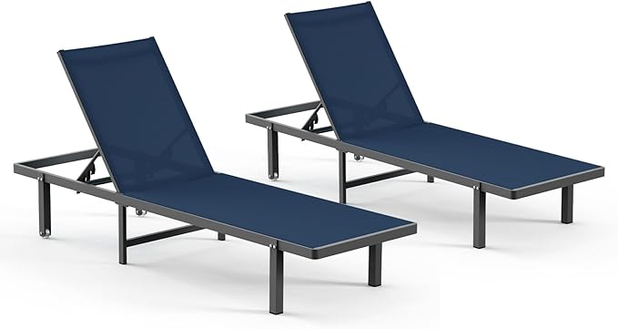 Pool Lounge Chairs Set of 2,Outdoor Lounge Chairs with Wheels and 5-Position Recliner -Easy to Move- Aluminum Patio Lounge Chair for Poolside, Deck (Navyblue)
