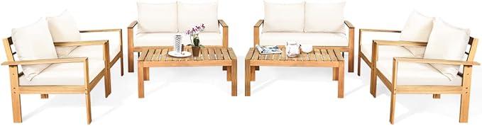COSTWAY 8 Pieces Outdoor Acacia Wood Sofa Set, Outdoor Conversation Sofa Set with Table & Cushions Porch Chairs for Garden, Patio, Deck