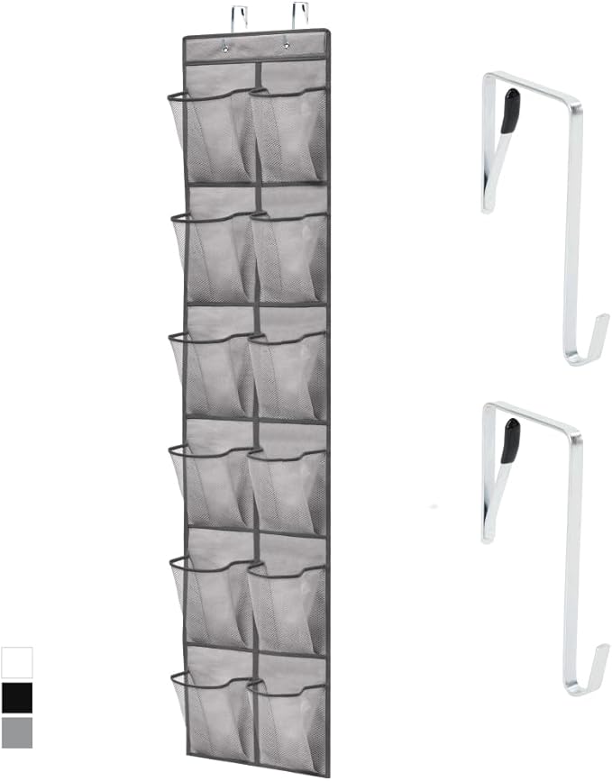 GORILLA GRIP Over the Door Shoe Organizer, 12 Large Breathable Mesh Pockets, Space Saving Hanging Storage Holder, 2 Hook Closet Rack Hanger, Hangs on Closets for Shoes, Accessories, 64H x 9.5W Gray