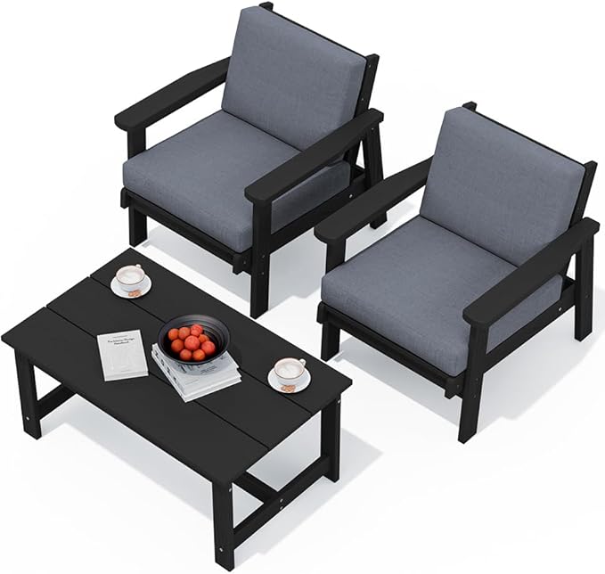 SERWALL HDPE Outdoor Couch, Black Frame and Grey Cushion