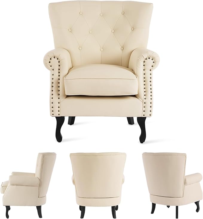 MOJAY PU Leather Accent Chair, Mid-Century Modern Armchair Living Room Club Chair with Tufted Button & Rivet Trim, Upholstered Sofa Chair with Sturdy Wood Legs for Bedroom (Ivory White)