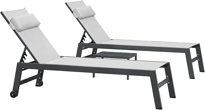 PURPLE LEAF Outdoor Lounge Chair Set of 3 Patio Chaise Pool Lounger Aluminum Frame with Side Table and Wheels for Outside Sunbathing Tanning Recliner Including Pillows White