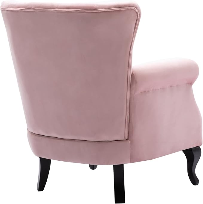 Mid Century Modern Accent Chair Upholstered Armchair Comfy Velvet Fabric Single Sofa with Tufted Wingback for Small Spaces Bedroom Living Room, Pink