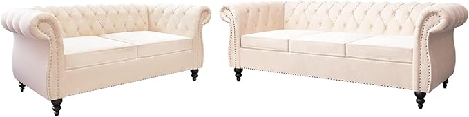 Chesterfield Loveseat Sofa, Modern Velvet Small Sofa Couch 2 Seater with Rolled Arms and Nailhead, Mid Century Modern Loveseat Couch for Small Spaces Living Room Bedroom Apartment, Beige