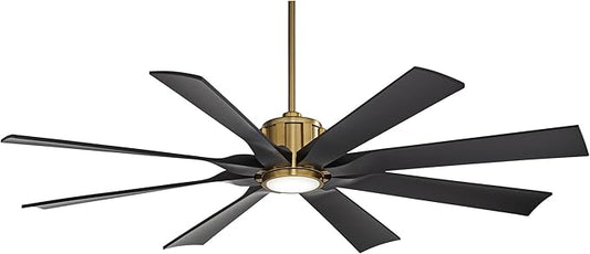 Possini Euro Design 60" Defender Modern Outdoor Ceiling Fan with LED Light Remote Control Soft Brass Matte Black Damp Rated for Patio Exterior House Home Porch Gazebo Garage Barn