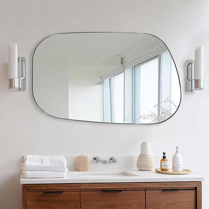ANDY STAR 24"x40" Irregular Wall Mirror,Polished Chrome Asymmetrical Bathroom Mirror with Stainless Steel Metal Frame, Wall-Mounted Mirror for Bathroom, Entryway (Horizontal/Vertical)