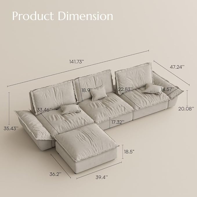POVISON Oversized Modular Sectional Sailboat Sofa for Living Room with Adjustable Backrest Sectional Couches Large Deep Sofa Set 3 Seats Big with Ottoman Comfy Cloud Couch for House Office