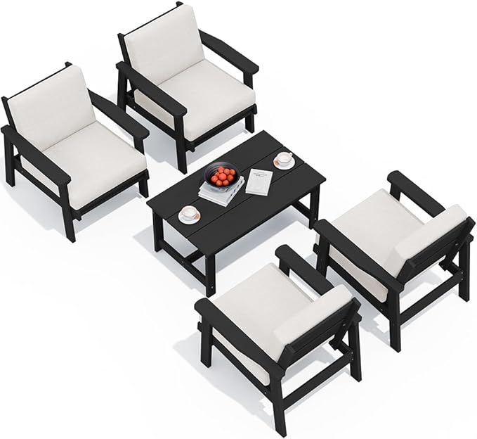 SERWALL Outdoor Patio Furniture Set, 5 Piece HDPE Patio Conversation Sets, All-Weather Wood-Like Outdoor Couch Loveseat and Coffee Table with Thick Cushions for Porch Balcony Garden Backyard