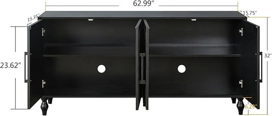 Sideboard Buffet Credenzas for Living Room, 63" Antique Black Entryway Table with Storage Accent Cabinet, Carved Flowers Doors & Wire Holes