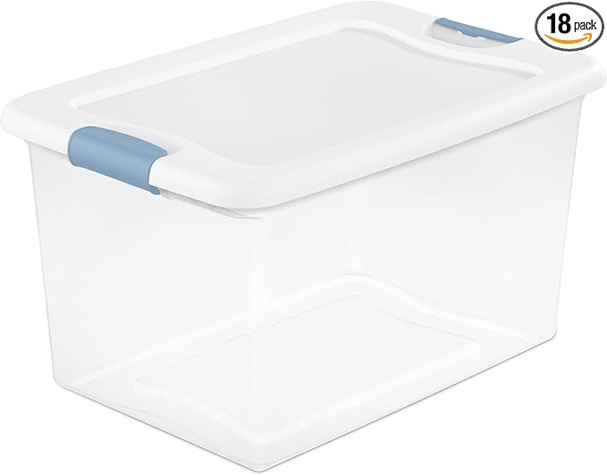 Sterilite 18-Pack Latching Box, Under Bed Storage Bins with Lids, Clear Plastic, 64 Quart - Heavy-Duty Organizing Containers for Closet, Bathroom, and Office