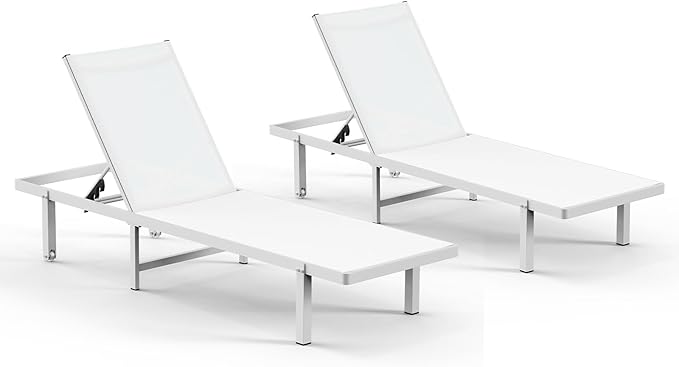 Pool Lounge Chairs Set of 2,Outdoor Lounge Chairs with Wheels and 5-Position Recliner -Easy to Move- Aluminum Patio Lounge Chair for Poolside, Deck (White)
