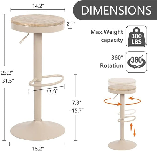 Kidol & Shellder Bar Stools Set of 4 Round Adjustable Swivel Barstools Modern Backless Bar Chairs Wooden Seat Counter Height Stools Armless for Kitchen Island, Cafe, Dining Room (Khaki)