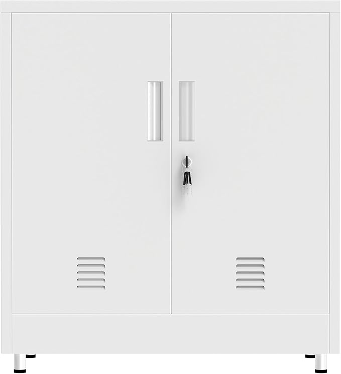 Metal Storage Cabinet with Locking Doors and Adjustable Shelf, Small Lockable Sideboard Buffet Cabinet for Home, Office, Entryway, Hallway, Living Room, Kitchen and Dining Room (White)