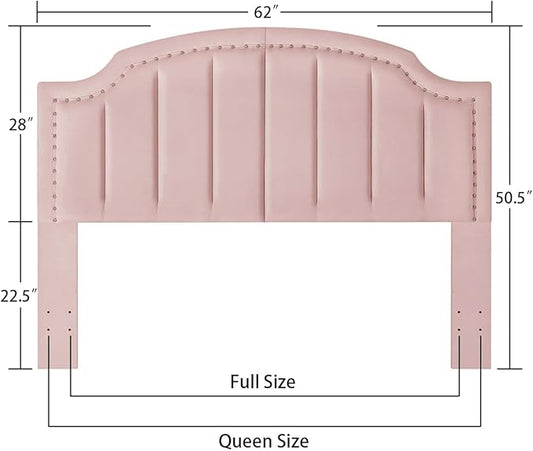 24KF Velvet Fabric Upholstered Queen/Full Headboard with Nail Trims,Modern Vertical Channel Design with Curved Headboard, 6052-Q-Pink