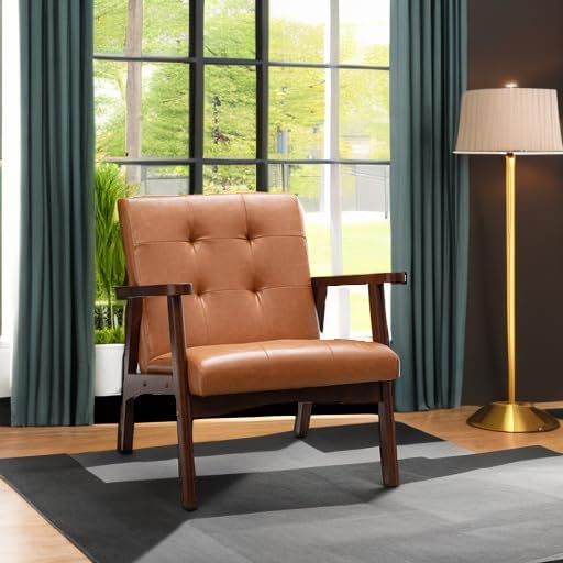 Bonzy Home Mid Century Modern Accent Chair for Living Room, Upholstered Faux Leather Armchair Comfy Retro Bedroom Side Chair with Solid Wood Frame, Orange