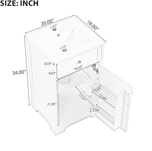 22" Bathroom Vanity Cabinet, Modern Freestanding Bathroom White Small Bathroom Storage Cabinet with Sink Combo and Adjustable Shelve for Small Space (20"× 18"×34")