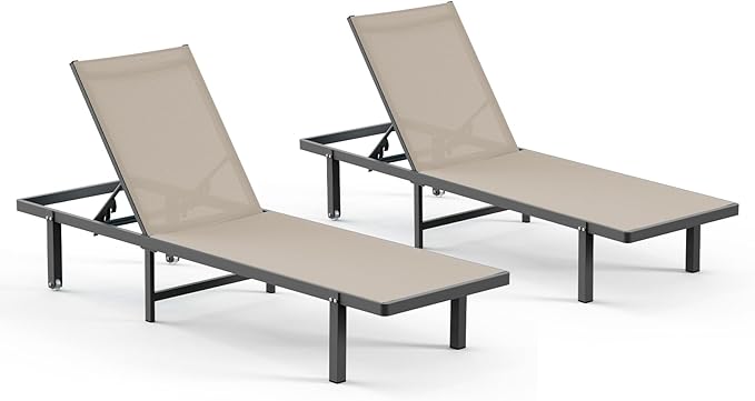 Pool Lounge Chairs Set of 2,Outdoor Lounge Chairs with Wheels and 5-Position Recliner -Easy to Move- Aluminum Patio Lounge Chair for Poolside, Deck (Khaki)