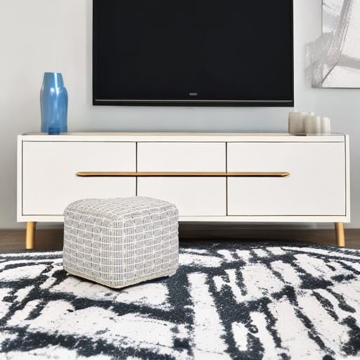 SIMPLIHOME Noreen Boho Square Pouf in Light Blue, White Handloom Woven Pattern for the Living Room, Bedroom and Kids Room