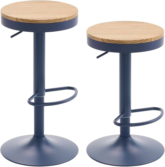 Kidol & Shellder Bar Stools Set of 6 Round Adjustable Swivel Barstools Modern Backless Bar Chairs Wooden Seat Counter Height Stools Armless for Kitchen Island, Cafe, Dining Room Blue