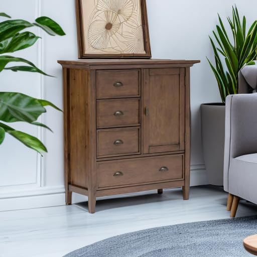 SIMPLIHOME Redmond SOLID WOOD 39 inch Wide Transitional Medium Storage Cabinet in Rustic Natural Aged Brown with 3 Small Drawers, 1 Large Drawer