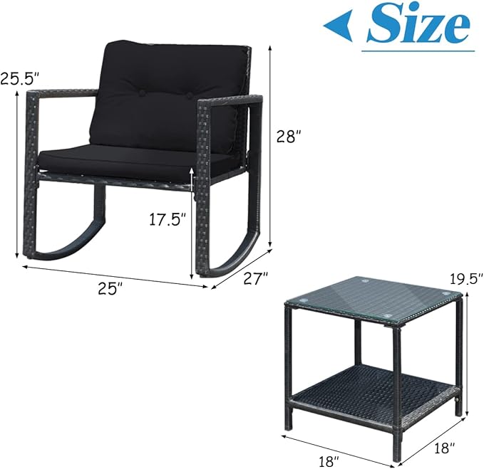 COSTWAY 3 Pieces Patio Rattan Rocking Chair Set, Outdoor Conversation Furniture Sets with Coffee Table, Storage Shelf and Cushions, Modern Bistro Set for Porch, Backyard, Garden, Black