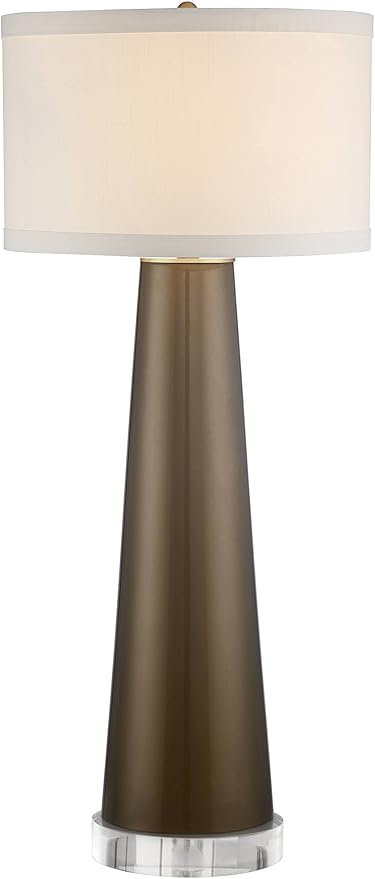 Possini Euro Design Karen Modern Table Lamp 37 1/2" Tall with Clear Round Riser Dark Gold Glass Column Off White Fabric Drum Shade for Bedroom Living Room House Bedside Nightstand Office Entryway