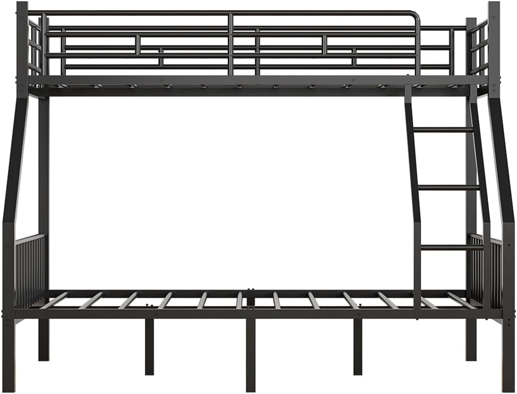 Twin XL Over Queen Bunk Bed for Adults, Heavy Duty Metal Bunk Beds with Safety Guardrails & EVA Padded Ladder, Twin XL Over Queen Bunk Beds Frame with Noise-Free Slats, Space-Saving(Black)