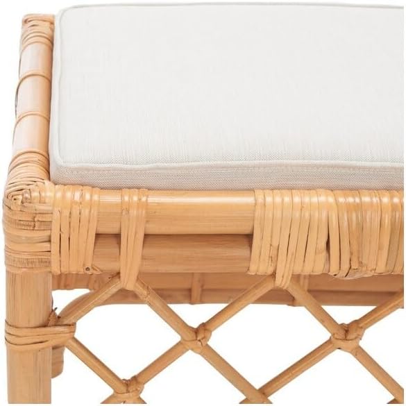 SAFAVIEH Home Collection Larroux Honey/White Rattan Solid Wood Ottoman with Cushion (Fully Assembled)