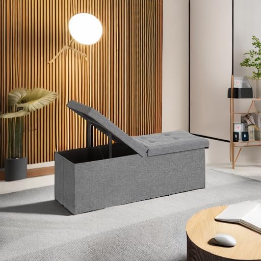 SONGMICS MAZIE Collection - 43 Inches Storage Ottoman, Foldable Storage Bench with Flipping Lid, 660 lb Load Capacity, for Entryway, Living Room, Bedroom, Light Gray ULSF71G