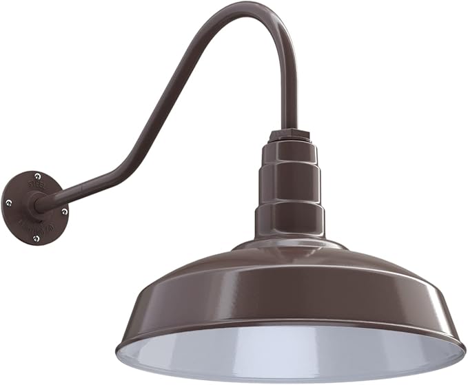 Steel Lighting Co. Gardena Barn Light | Outdoor Wall Mounted | 16" Dome | 23" Gooseneck | Farmhouse Light Made in America | Dark Bronze Exterior/White Interior