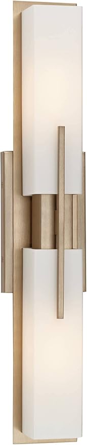 Possini Euro Design Midtown Modern Wall Light Burnished Brass Gold Metal Hardwired 23 1/2" 2-Light Fixture White Glass Shade for Bedroom Bedside Bathroom Vanity Living Room Hallway Dining House