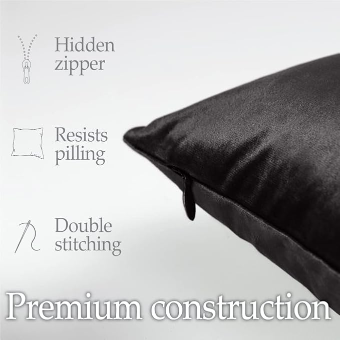 lalaLOOM Velvet Throw Pillow Covers, Set of 2, 20x20 Decorative Square Pillows Home Decor, Soft Accent Cases, Silky Machine Washable Pillowcases for Sofa, Couch, Bedroom, Living Room, Jet Black