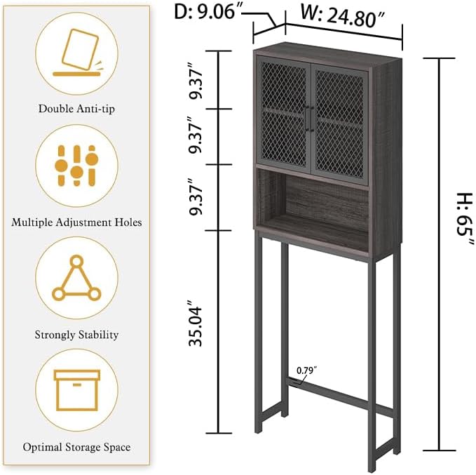 Launica Over The Toilet Storage Cabinet, Industrial Bathroom Organizer Above Toilet, Bathrooms Space Saver Stand with Shelf, Wood and Metal Freestanding Bathrooms Rack Behind The Toilet, Dark Gray Oak
