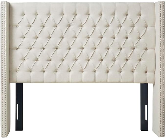 Madison Park Amelia Upholstered Headboard | Nail Head Trim Wingback Button Tufted | King, Cream