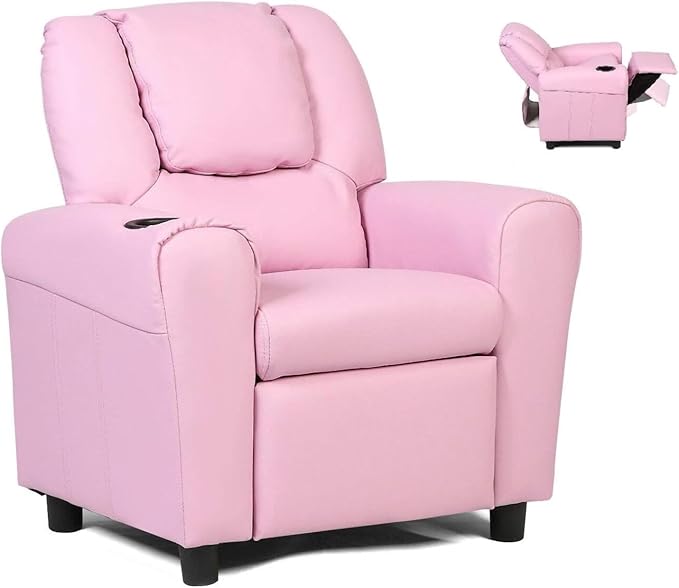 Costzon Kids Recliner Chair with Cup Holder, Toddler Room Furniture Children Armrest Sofa w/Headrest & Footrest for Girls Boys Baby Bedroom, PU Leather Couch (Pink)