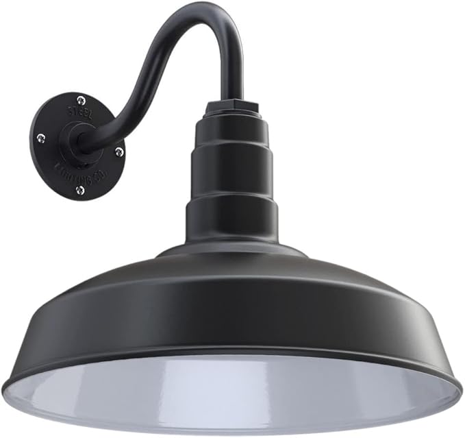 Steel Lighting Co. Gardena Barn Light | Outdoor Wall Mounted | 16" Dome | 11" Gooseneck | Farmhouse Light Made in America | Matte Black Exterior/White Interior