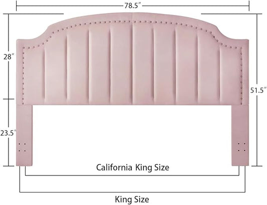 24KF Velvet Fabric Upholstered King/California King Headboard with Nail Trims, Modern Vertical Channel Design with Curved King Headboard, 6052-K-Pink
