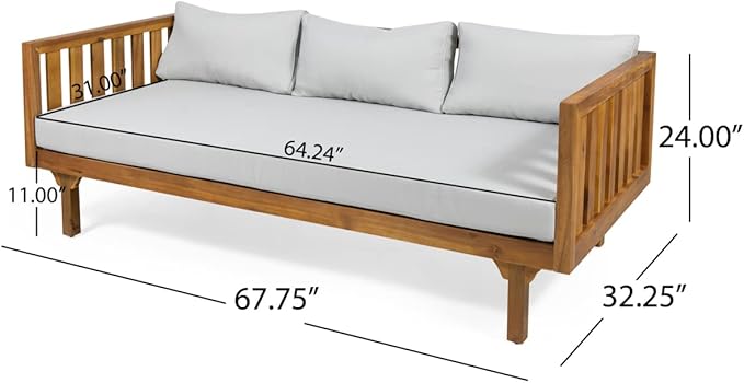 Christopher Knight Home Tina Outdoor 3 Seater Acacia Wood Daybed, Teak Finish, Light Grey