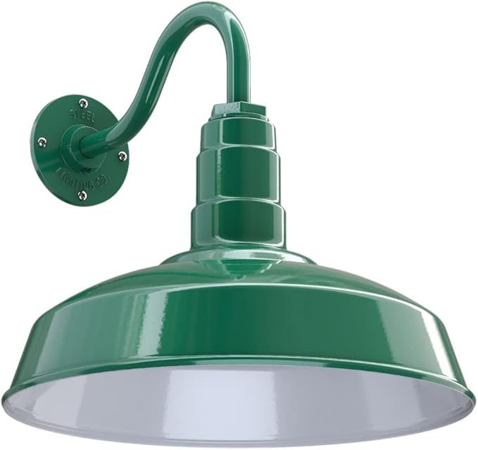 Steel Lighting Co. Gardena Barn Light | Outdoor Wall Mounted | 16" Dome | 11" Gooseneck | Farmhouse Light Made in America | Green Exterior/White Interior
