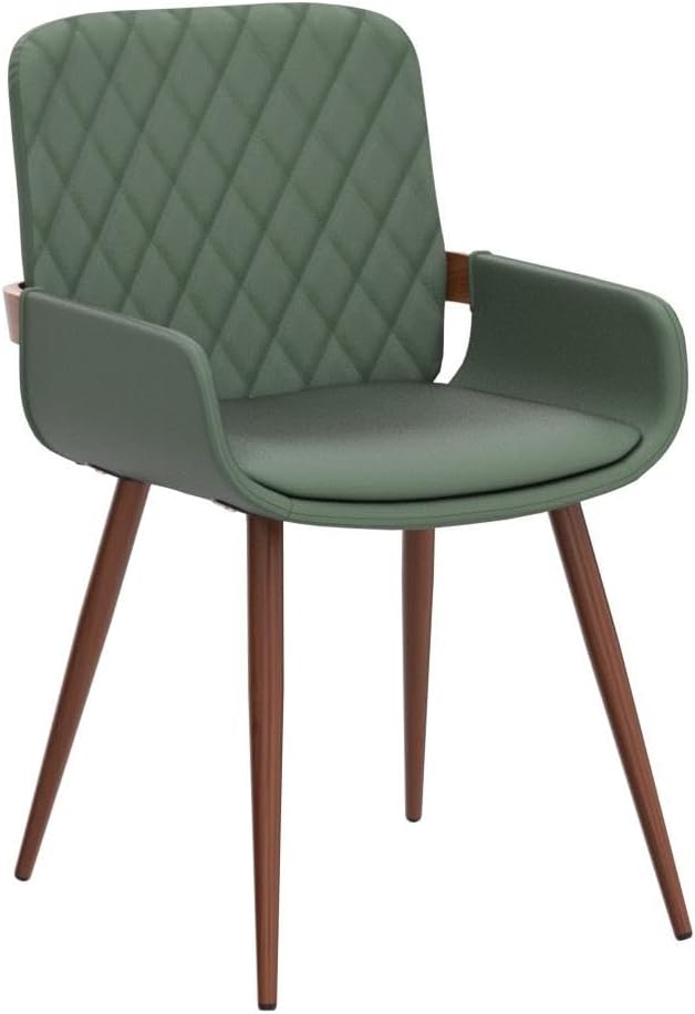 LUNLING Mid Century Modern Faux Leather Dining Chairs Set of 2, Green, Upholstered Seat, Metal Legs, Adjustable Foot for Kitchen Dining Room Desk Chairs