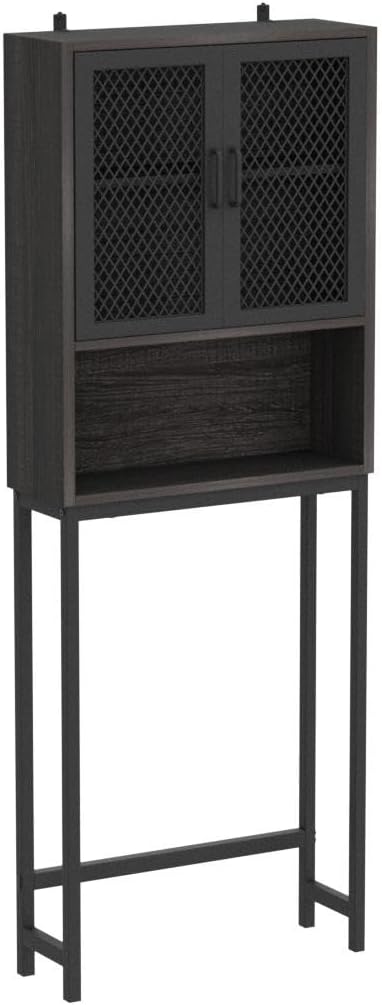 Launica Over The Toilet Storage Cabinet, Industrial Bathroom Organizer Above Toilet, Bathrooms Space Saver Stand with Shelf, Wood and Metal Freestanding Bathrooms Rack Behind The Toilet, Dark Gray Oak