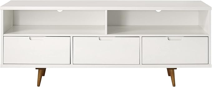 Walker Edison Millie Mid Century Modern 3 Drawer Solid Wood Low Stand for TVs up to 65 Inches, 58 Inch, White