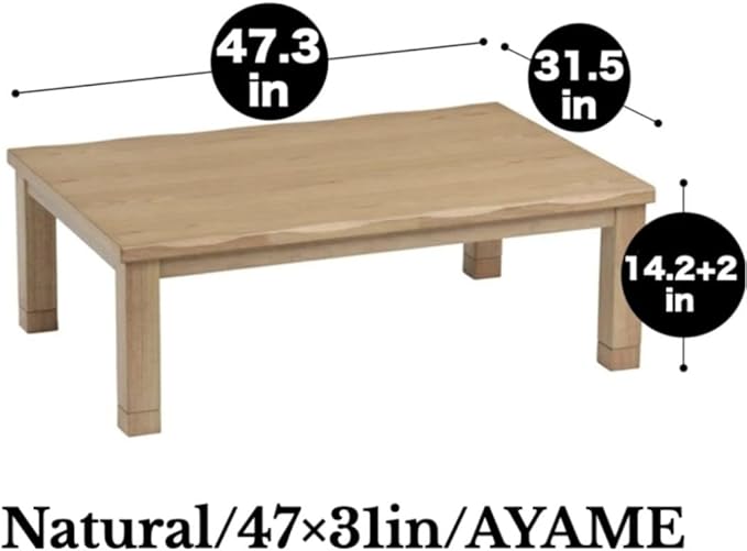 BJDesign Kotatsu - Japanese Heated Table - Wooden Chabudai Furniture with 120V Electric Heater - Low-Lying Dining and Work Desk with Temperature Control Knob (47x31in, Natural)